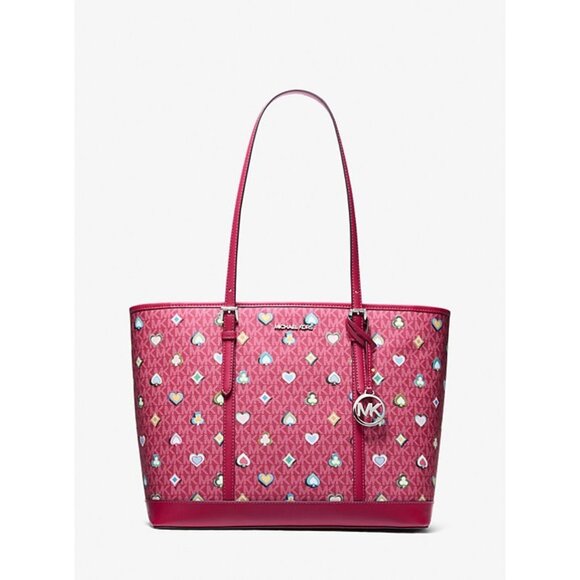 New Michael Kors Jet Set Large Printed Signature Logo Tote Bag Dark Raspberry - Picture 2 of 5